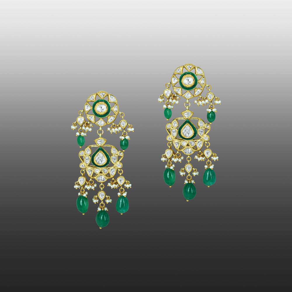 Polki Earrings with Green Enamel and Emerald Drops